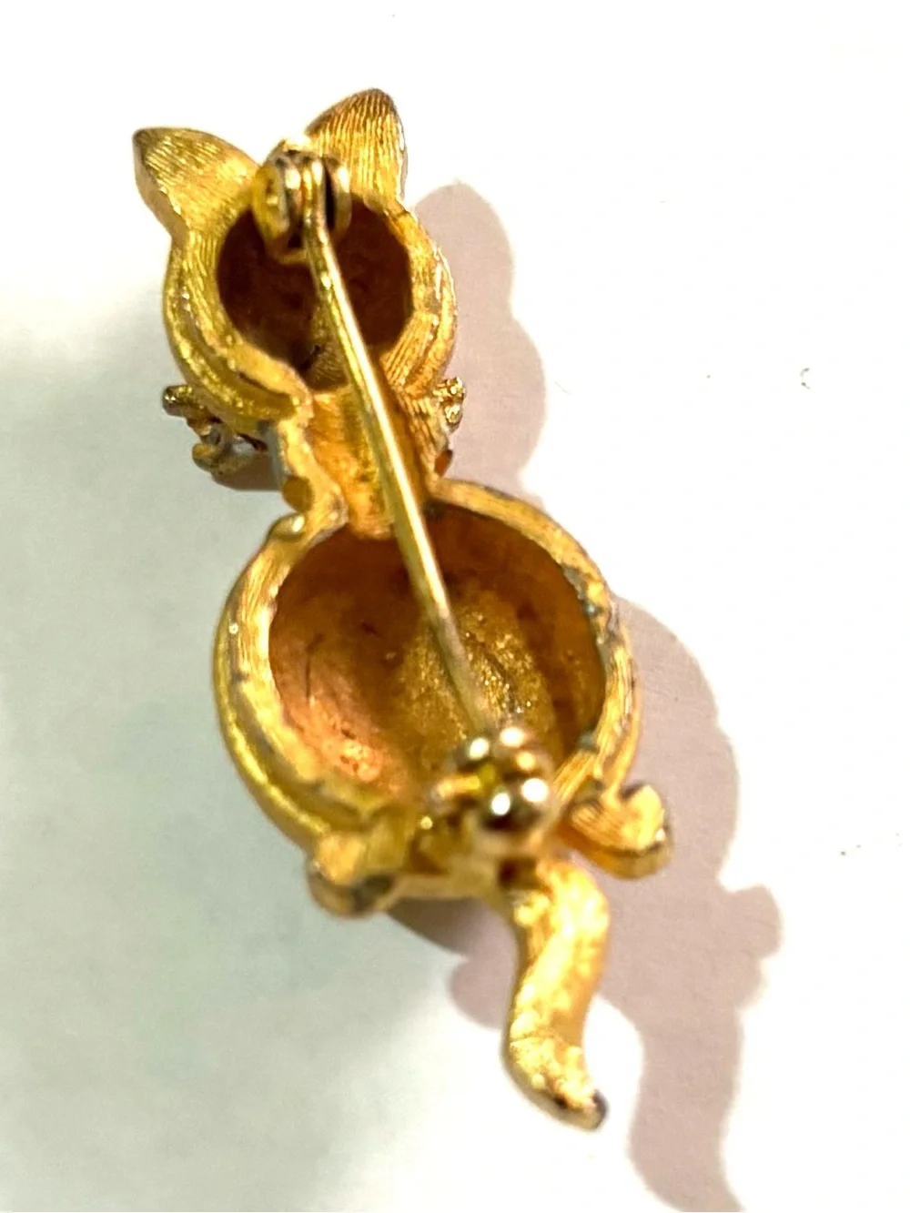 Vintage Gold Cat Brooch with Clear Rhinestones - Vintage